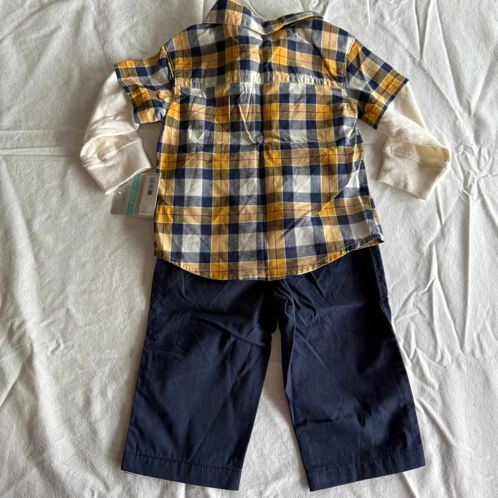 NWT Carter's Navy and Mustard Plaid Button Down Shirt & Pants Set Size 6 Month